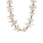 Biwa-style stick pearl necklace with blue apatite beads for a textured, elegant look.