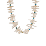 Biwa-style stick pearl necklace with blue apatite beads for a textured, elegant look.