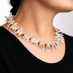 AURA DUO Blue Apatite and Biwa-style stick pearl necklace with spacer beads, showcasing elegant texture and color.