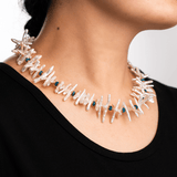 AURA DUO Blue Apatite and Biwa-style stick pearl necklace with spacer beads, showcasing elegant texture and color.