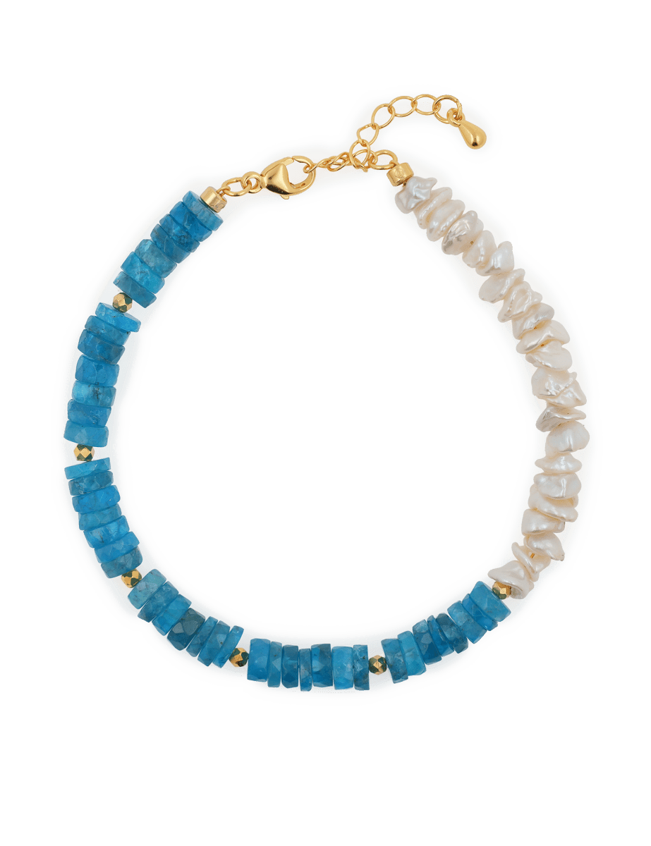 AURA DUO Blue Apatite Pearl Bracelet featuring blue apatite stones, pearls, and gold spacer beads.