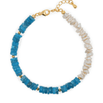 AURA DUO Blue Apatite Pearl Bracelet featuring blue apatite stones, pearls, and gold spacer beads.