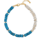 AURA DUO Blue Apatite Pearl Bracelet featuring blue apatite stones, pearls, and gold spacer beads.