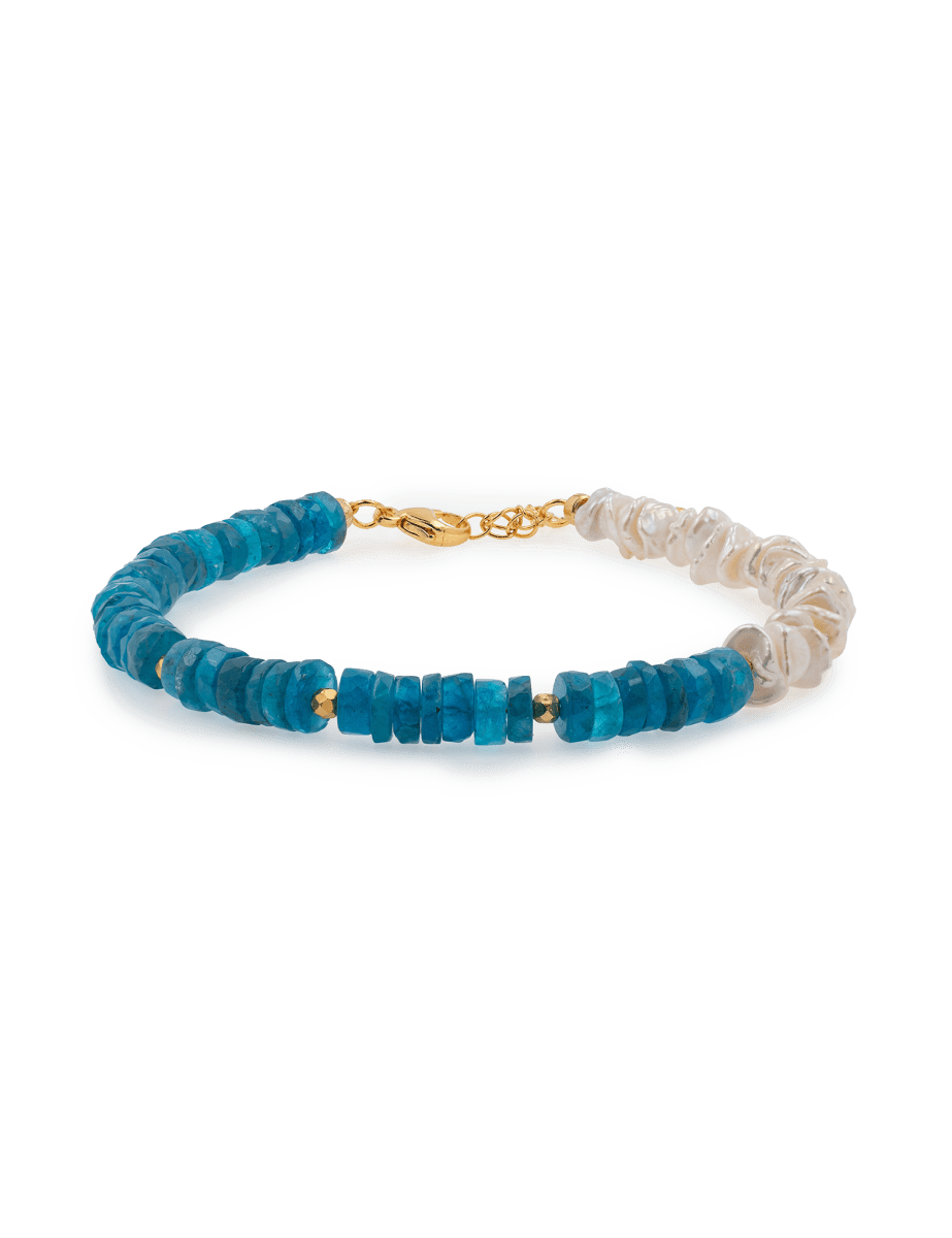 AURA DUO Blue Apatite Pearl Bracelet featuring vibrant blue apatite and elegant pearls with spacer beads.