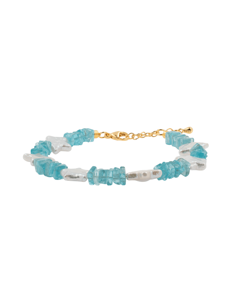 AURA DUO Blue Apatite Star Pearl Faceted Bracelet featuring 5mm beads and gold-plated accents.