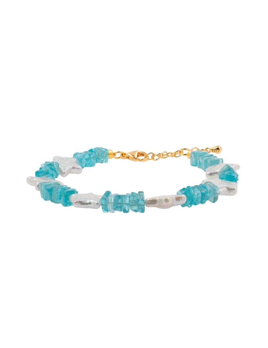 BEAMMORE Faceted Blue Apatite & Star-Shaped Pearl Beaded Gold-Plated Sterling Silver Bracelet – Beaded Gemstone Jewelry