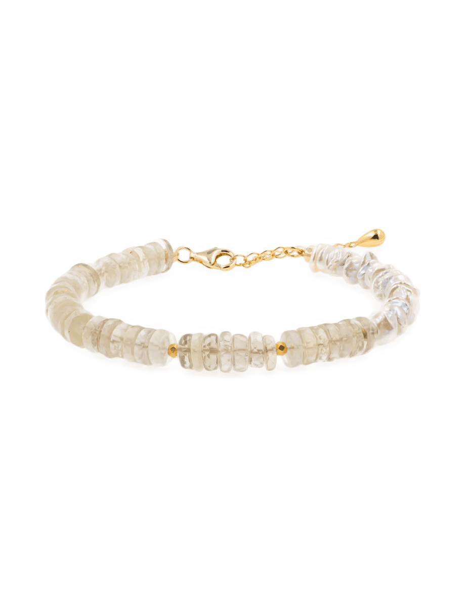 AURA DUO Citrine Pearl Bracelet featuring citrine and freshwater pearls with gold-plated spacer beads.
