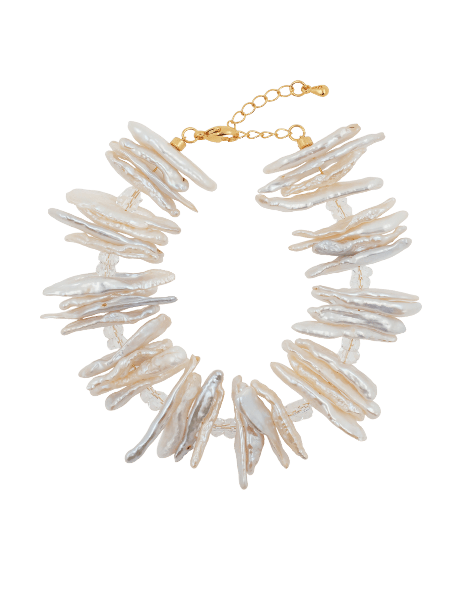 AURA DUO Clear Quartz Biwa-Style Stick Pearl Bracelet featuring unique Biwa pearls and clear quartz spacer beads.