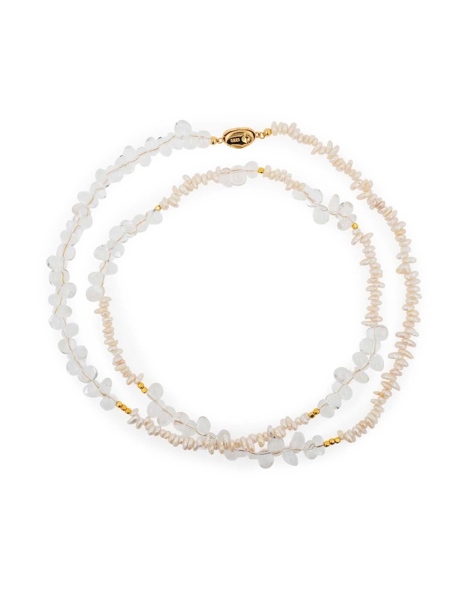 BEAMMORE Clear Quartz & Pearl Beaded Gold-Plated Sterling Silver Necklace – Beaded Gemstone Jewelry