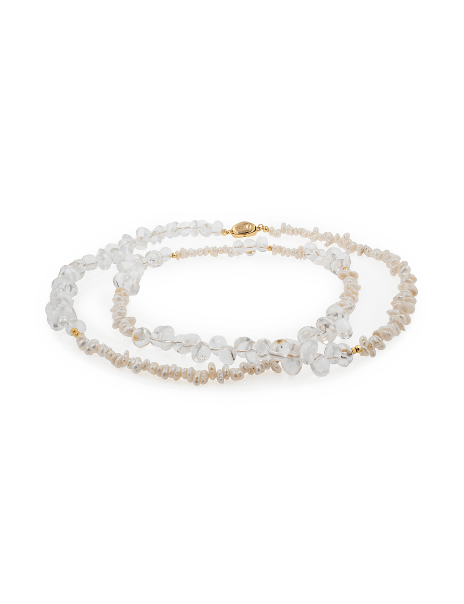 AURA DUO Clear Quartz Pearl Necklace featuring gold accents, ideal for layering and daily wear.