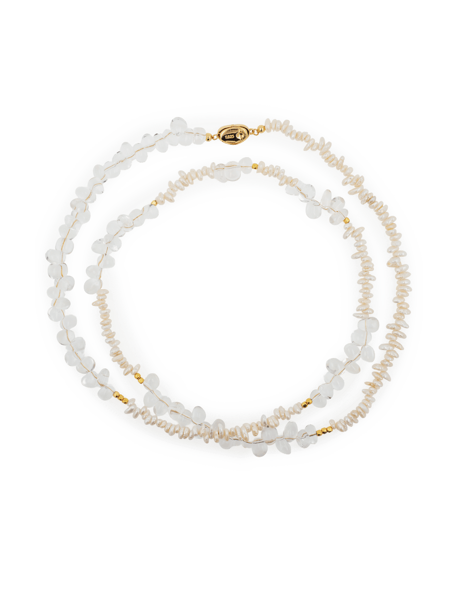 AURA DUO Clear Quartz Pearl Necklace featuring elegant clear quartz and pearl beads with gold-toned accents, perfect for layering.