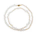 AURA DUO Clear Quartz Pearl Necklace featuring elegant clear quartz and pearl beads with gold-toned accents, perfect for layering.