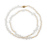 AURA DUO Clear Quartz Pearl Necklace featuring elegant clear quartz and pearl beads with gold-toned accents, perfect for layering.