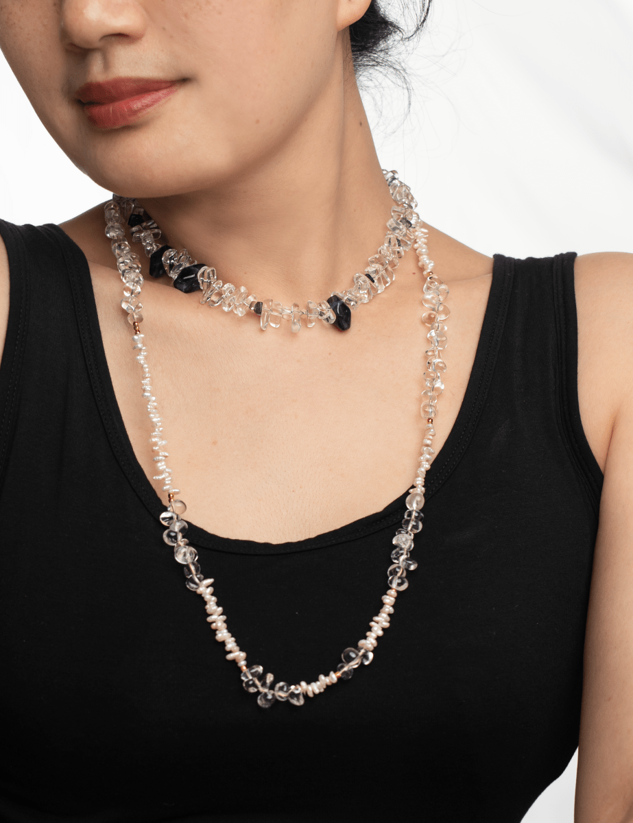 Model wearing BEAMMORE clear quartz & pearl beaded gold-plated sterling silver necklace – Elegant birthstone jewelry gift for women