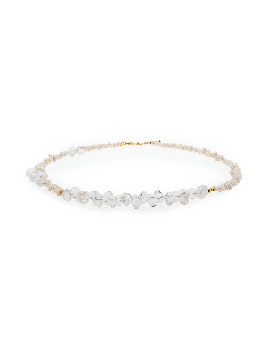 AURA DUO Clear Quartz Pearl Necklace showcasing crystal clarity and classic pearl elegance with gold-plated details.
