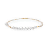 AURA DUO Clear Quartz Pearl Necklace showcasing crystal clarity and classic pearl elegance with gold-plated details.
