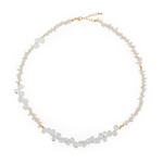 AURA DUO Clear Quartz Pearl Necklace with gold accents, merging crystal clarity and classic pearl elegance.
