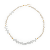 AURA DUO Clear Quartz Pearl Necklace with gold accents, merging crystal clarity and classic pearl elegance.