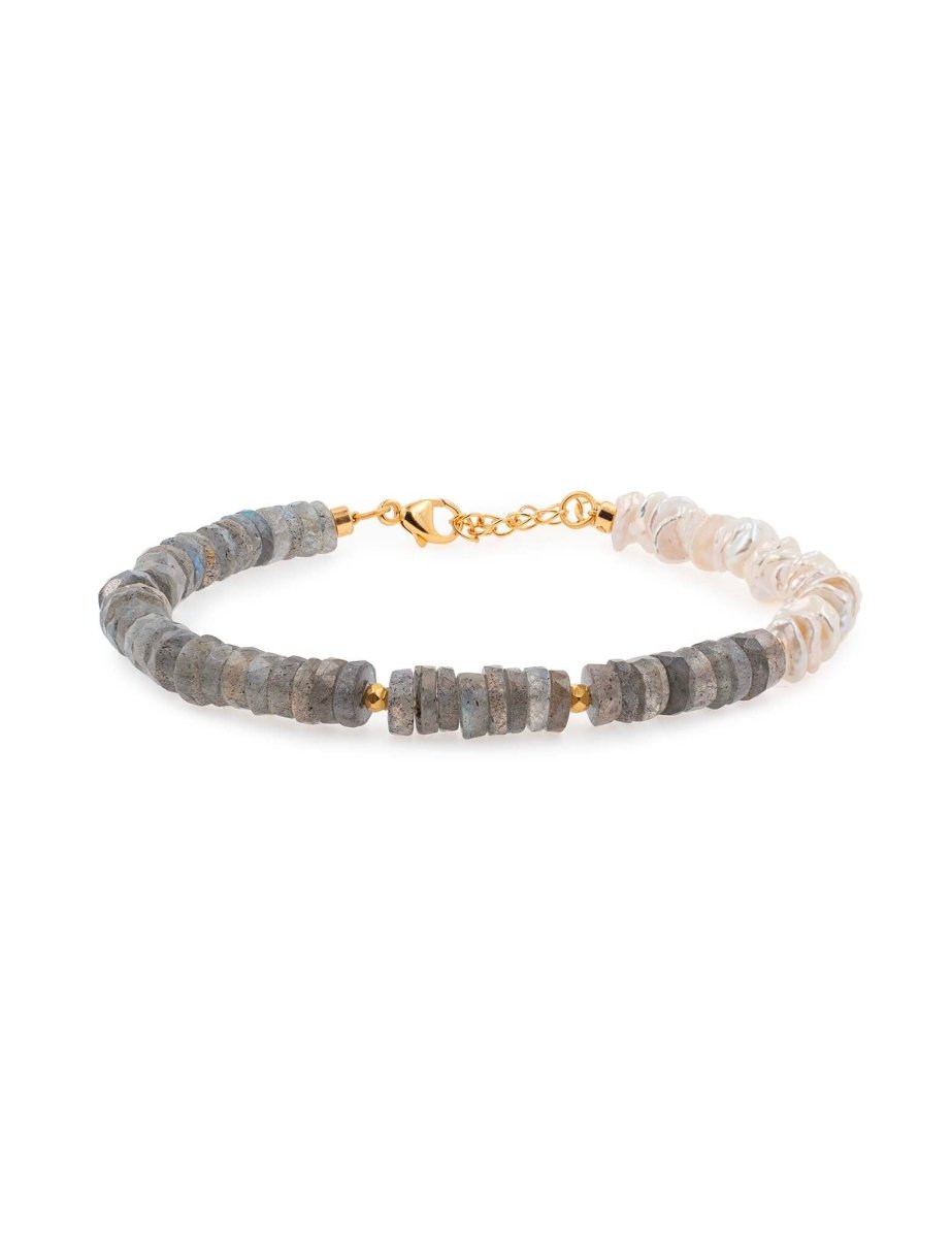 BEAMMORE Grey Moonstone & Freshwater Pearl Beaded Gold-Plated Sterling Silver Bracelet – Beaded Gemstone Jewelry