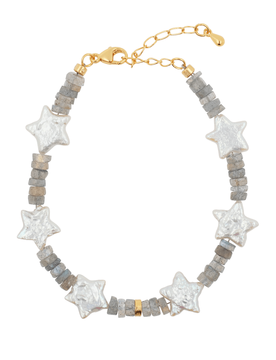 AURA DUO Gray Moonlight Star Pearl Bracelet with star-shaped pearls and gray moonstone for cosmic elegance.