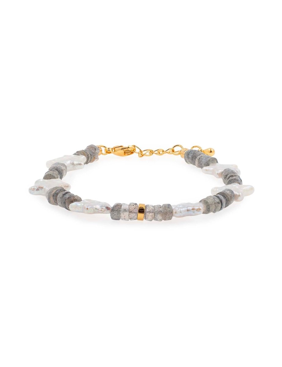 BEAMMORE Star-Shaped Pearl & Grey Moonstone Beaded Gold-Plated Sterling Silver Bracelet – Beaded Gemstone Jewelry