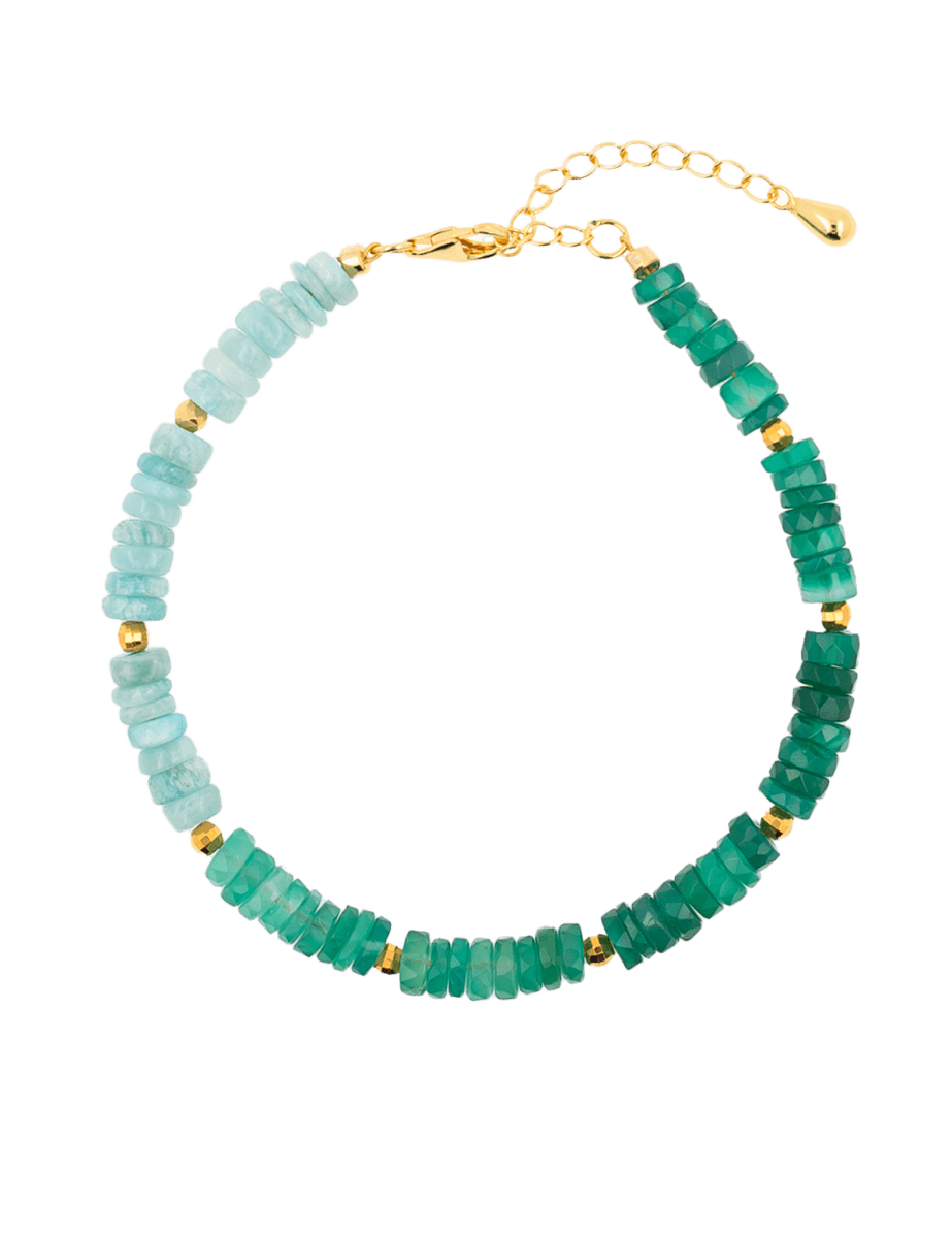 AURA DUO Green Agate & Amazonite Pearl Bracelet with gold spacer beads, featuring mixed 5-6mm stones.