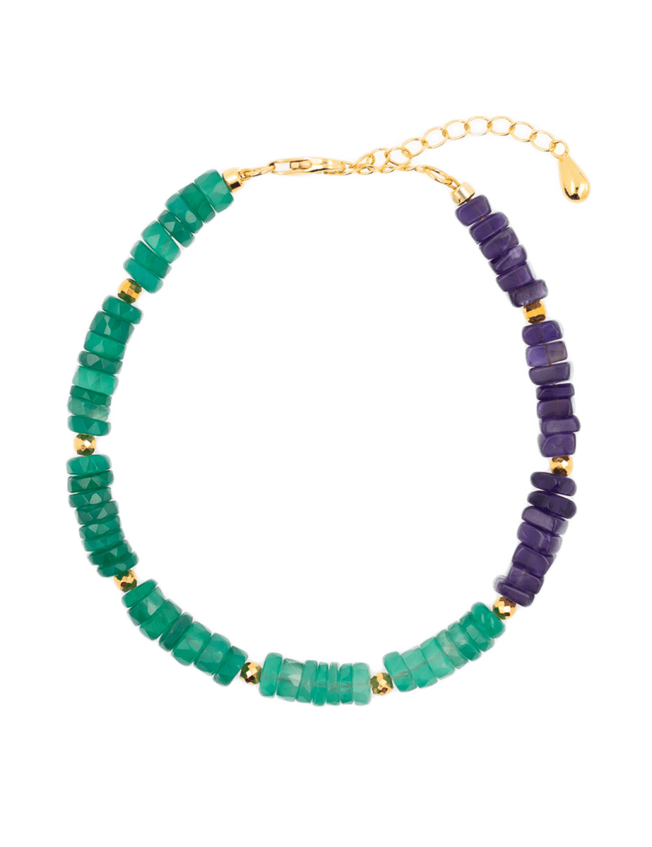 AURA DUO Green Agate & Amethyst Pearl Bracelet with Spacer Beads, featuring balanced gemstones and adjustable length.