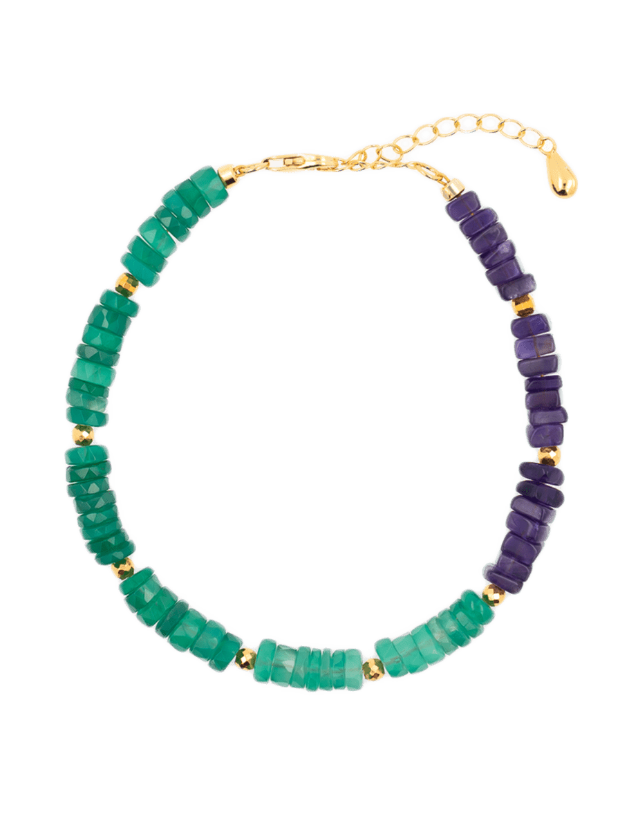 AURA DUO Green Agate & Amethyst Pearl Bracelet with Spacer Beads, featuring balanced gemstones and adjustable length.