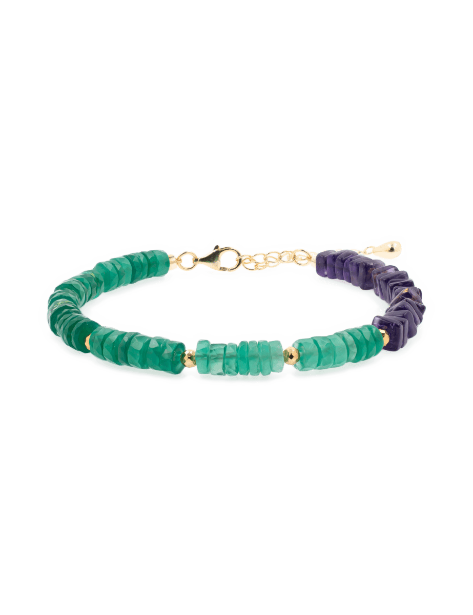 AURA DUO Green Agate & Amethyst Pearl Bracelet with Spacer Beads, showcasing emotional balance and spiritual clarity.