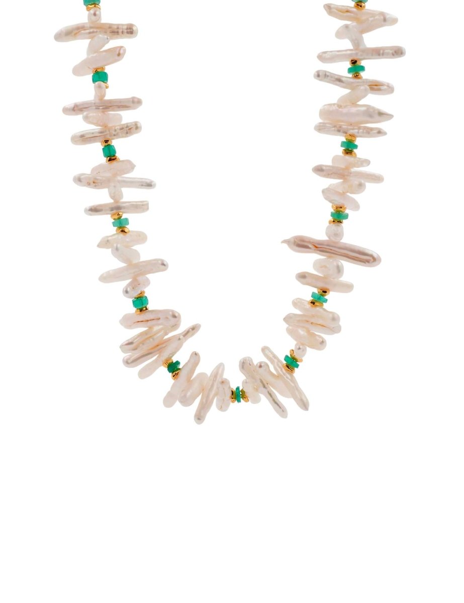 BEAMMORE Green Agate & Elongated Biwa Pearl Beaded Gold-Plated Sterling Silver Necklace – Beaded Gemstone Jewelry