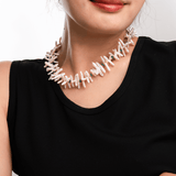 AURA DUO green agate Biwa-style stick pearl necklace with 4mm spacer beads, showcasing elegance and grounding energy.