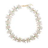 AURA DUO Biwa-style stick pearl necklace with gold-plated spacer beads, highlighting elegant texture and natural beauty.