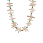 AURA DUO Green Agate Biwa-style stick pearl necklace with 4mm beads and gold-plated spacer beads.