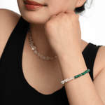 AURA DUO Green Agate Pearl Bracelet with Spacer Beads worn on a woman's wrist, showcasing elegance and harmony.