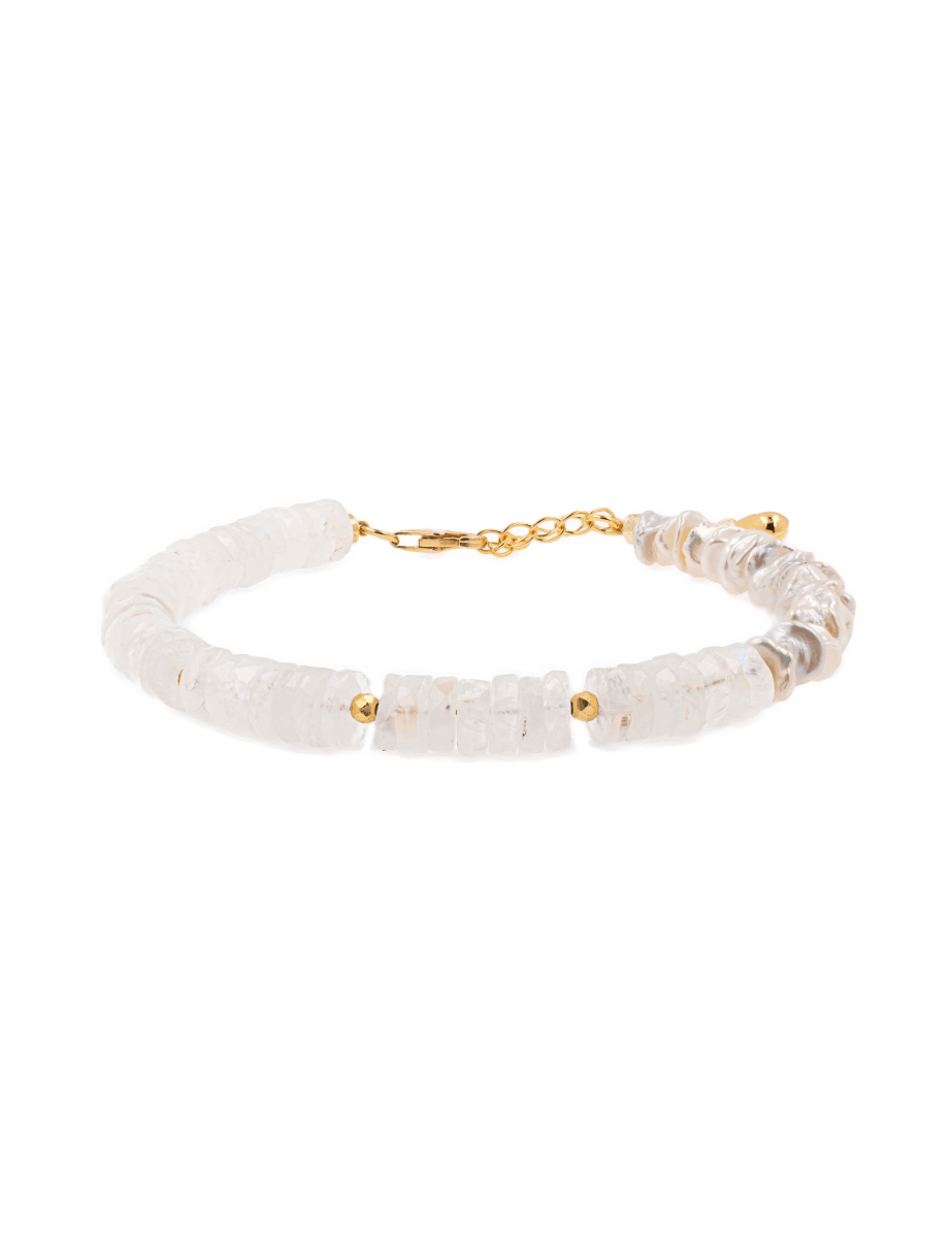 AURA DUO Moonstone Pearl Bracelet with gold-plated spacers, featuring braided freshwater pearls and moonstone beads.