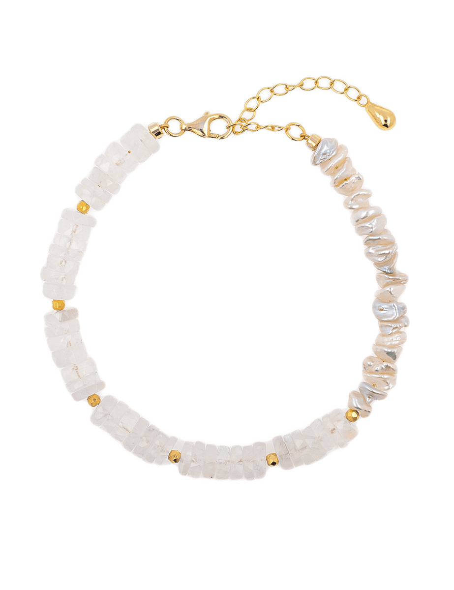 AURA DUO Moonstone Pearl Bracelet featuring gold-plated spacer beads and braided freshwater pearls.