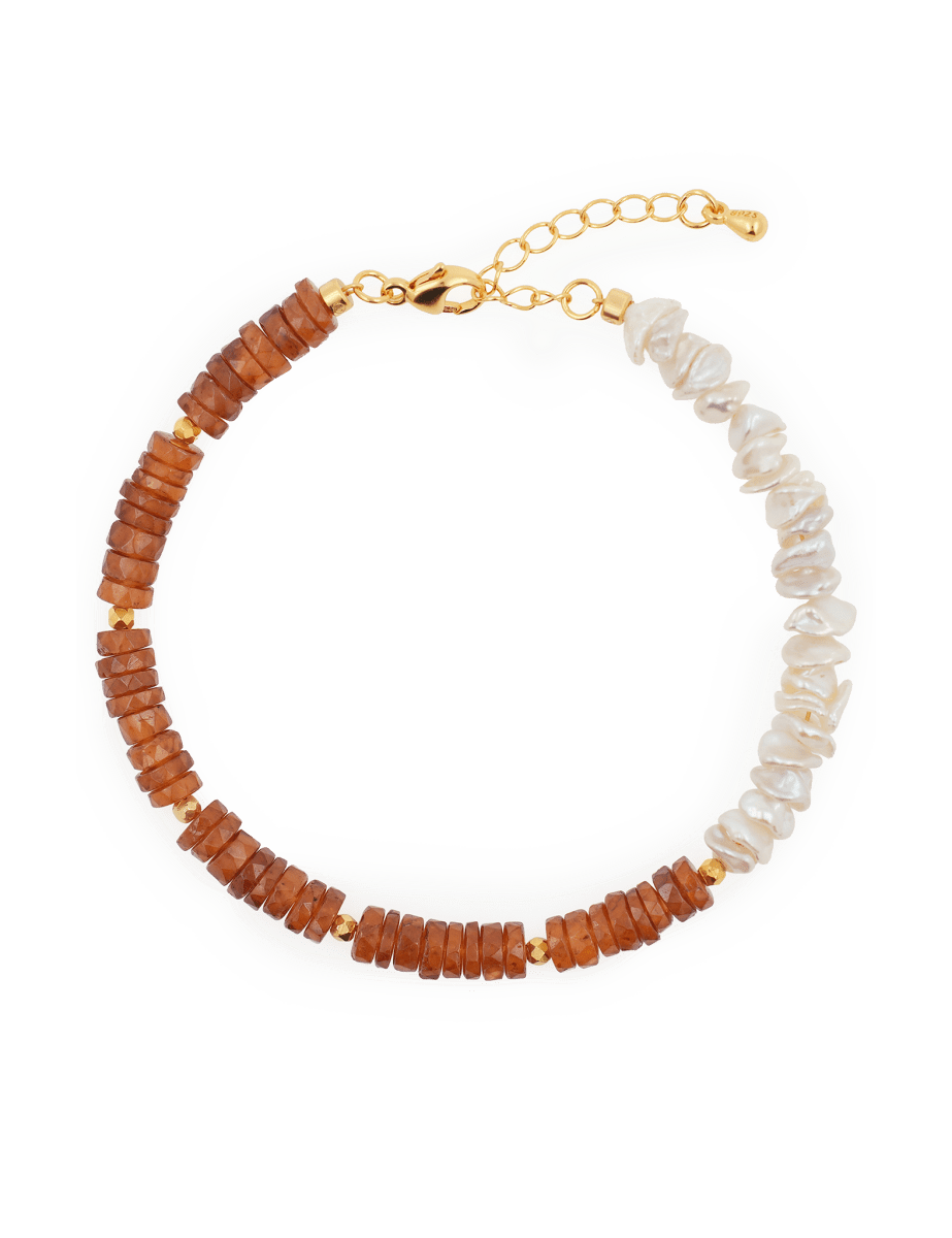 AURA DUO Orange Garnet Pearl Bracelet featuring orange garnet and pearl beads with elegant spacer accents.