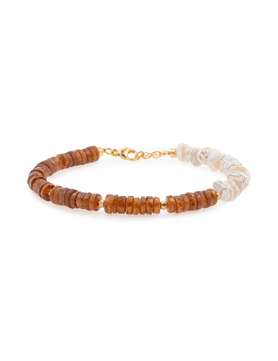 AURA DUO Orange Garnet Pearl Bracelet featuring orange garnet and pearl spacer beads for creativity and elegance.