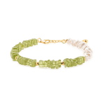 AURA DUO Peridot Pearl Bracelet showcasing vibrant peridot beads and braided freshwater pearls with elegant spacer beads.