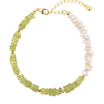 AURA DUO Peridot Pearl Bracelet featuring peridot and braided freshwater pearls with gold spacer beads.