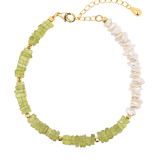 AURA DUO Peridot Pearl Bracelet featuring peridot and braided freshwater pearls with gold spacer beads.