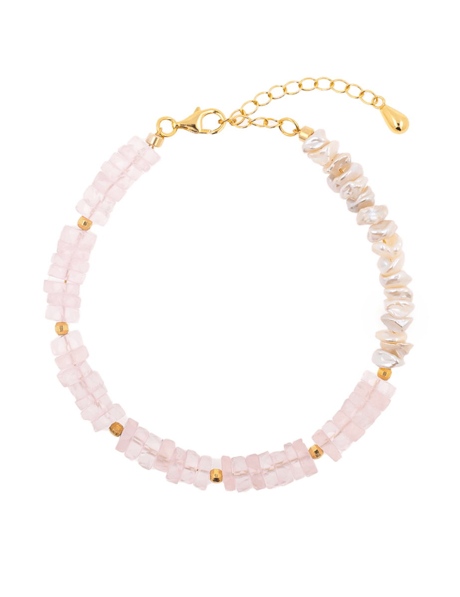 AURA DUO Rose Quartz Pearl Bracelet with gold-plated spacer beads, showcasing a blend of love and calm energy.