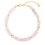 AURA DUO Rose Quartz Pearl Bracelet with gold-plated spacer beads, showcasing a blend of love and calm energy.