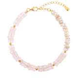 AURA DUO Rose Quartz Pearl Bracelet with gold-plated spacer beads, showcasing a blend of love and calm energy.