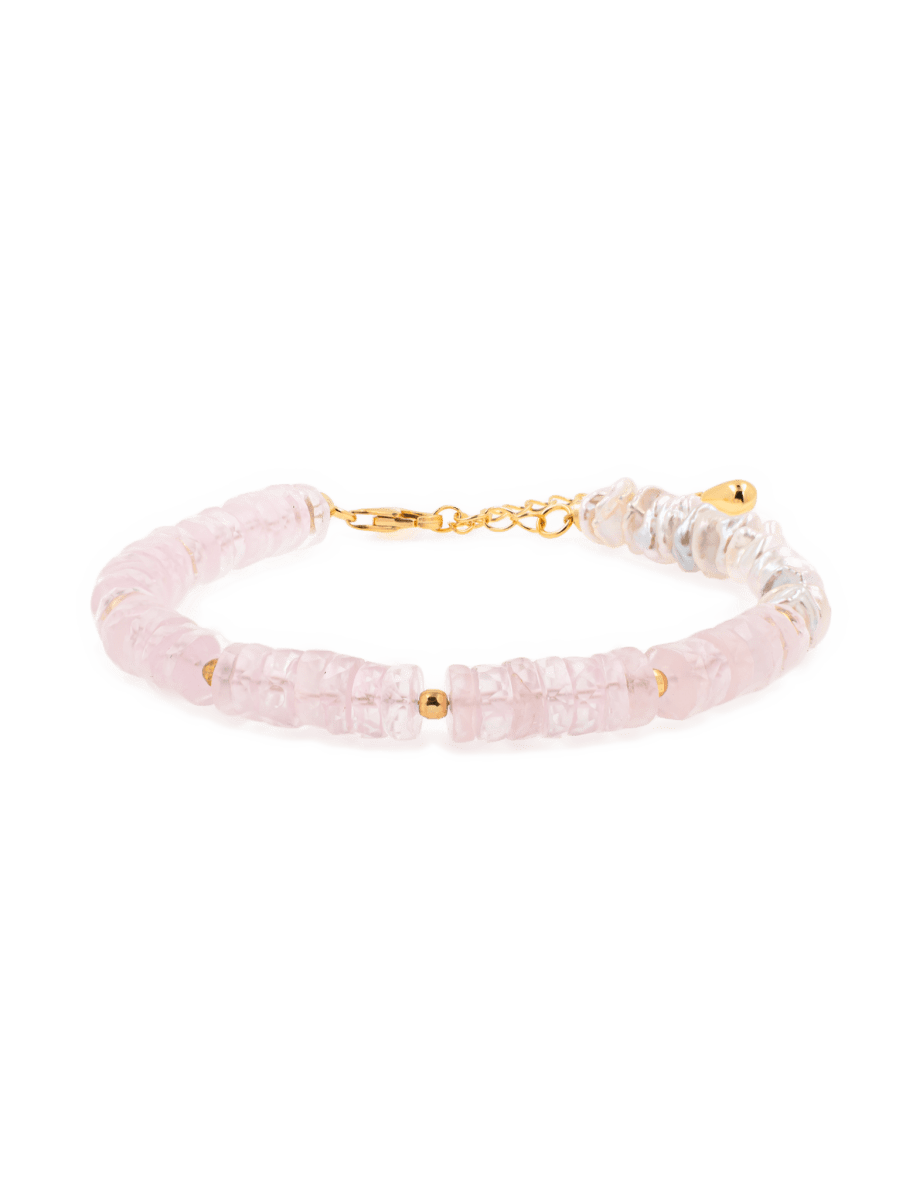 AURA DUO Rose Quartz Pearl Bracelet featuring gold-plated spacer beads, perfect for love and emotional healing.