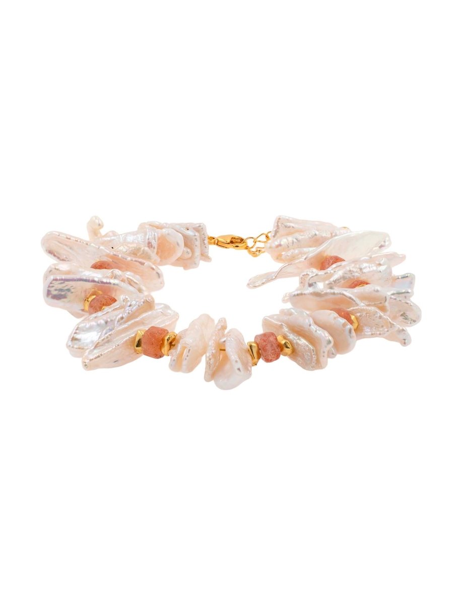 BEAMMORE Sunstone & Elongated Biwa Pearl Beaded Gold-Plated Sterling Silver Bracelet – Beaded Gemstone Jewelry
