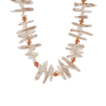 AURA DUO Sunstone Biwa-style pearl necklace with 6mm spacer beads, showcasing elegance and natural beauty.
