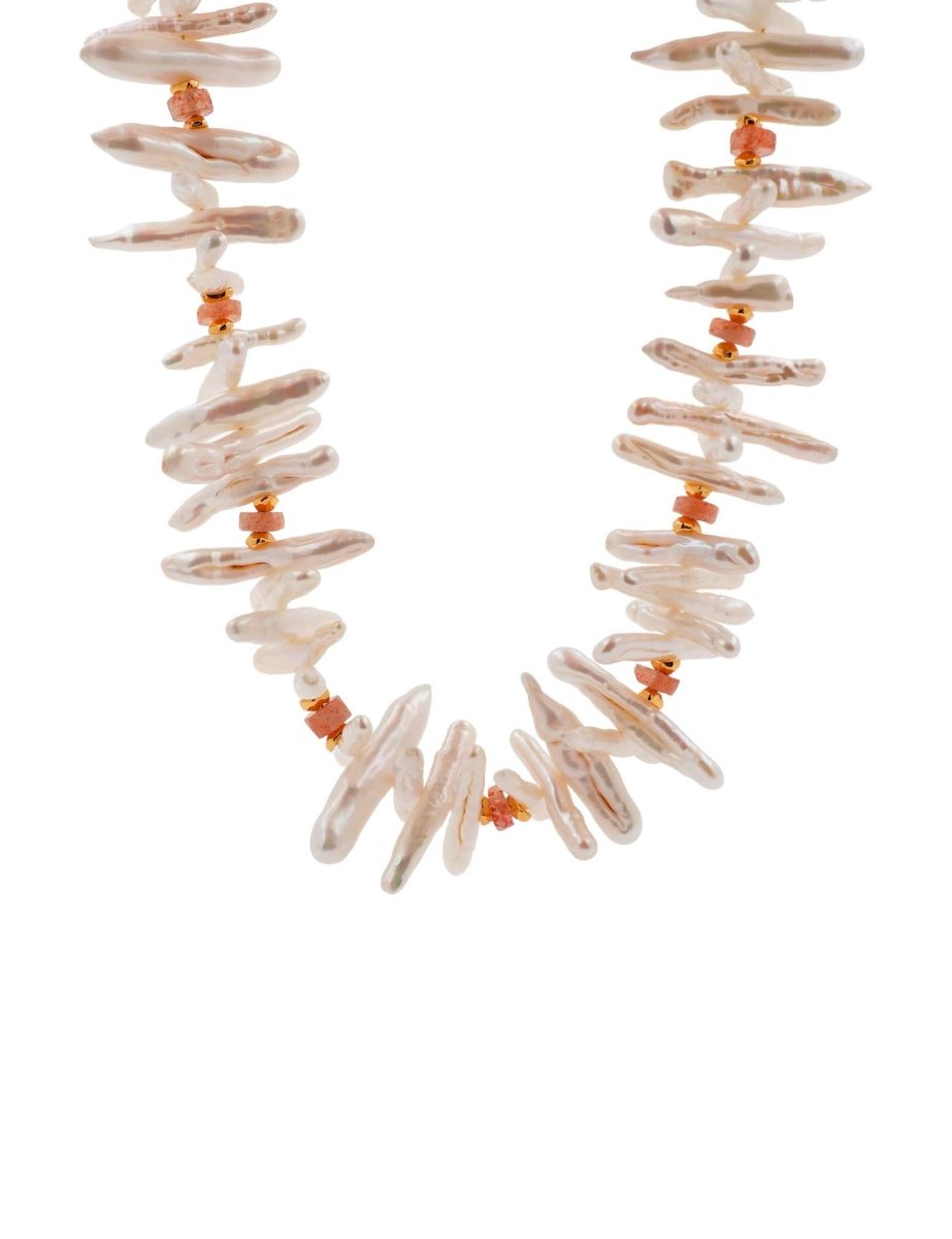 BEAMMORE Sunstone & Biwa Pearl Beaded Gold-Plated Sterling Silver Necklace – Beaded Gemstone Jewelry