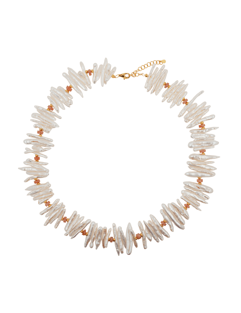AURA DUO sunstone Biwa-style stick pearl necklace with gold spacer beads, showcasing elegance and natural movement.