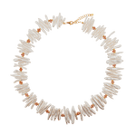 AURA DUO sunstone Biwa-style stick pearl necklace with gold spacer beads, showcasing elegance and natural movement.